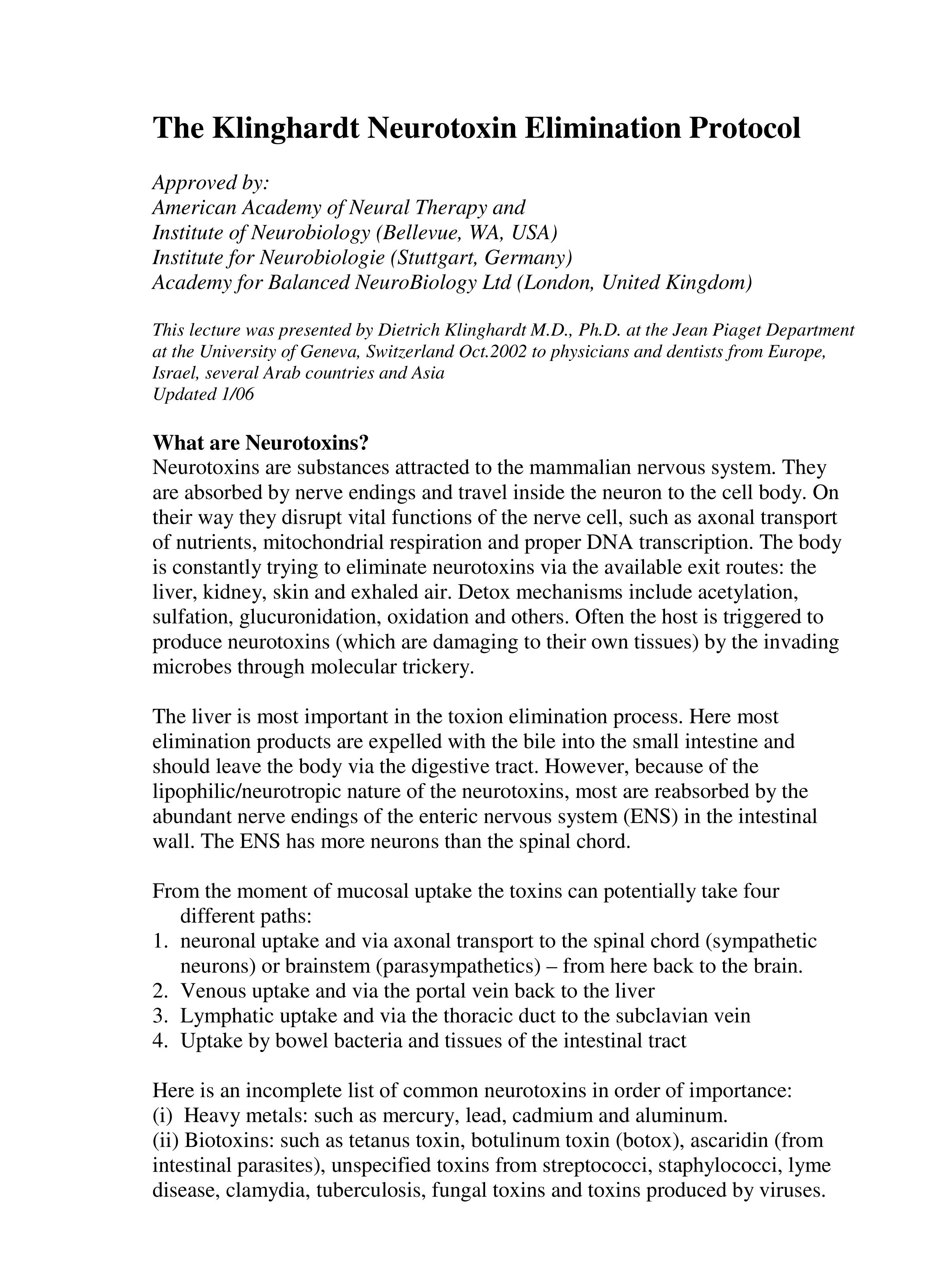 Klinghardt Neurotoxin Protocols page 1