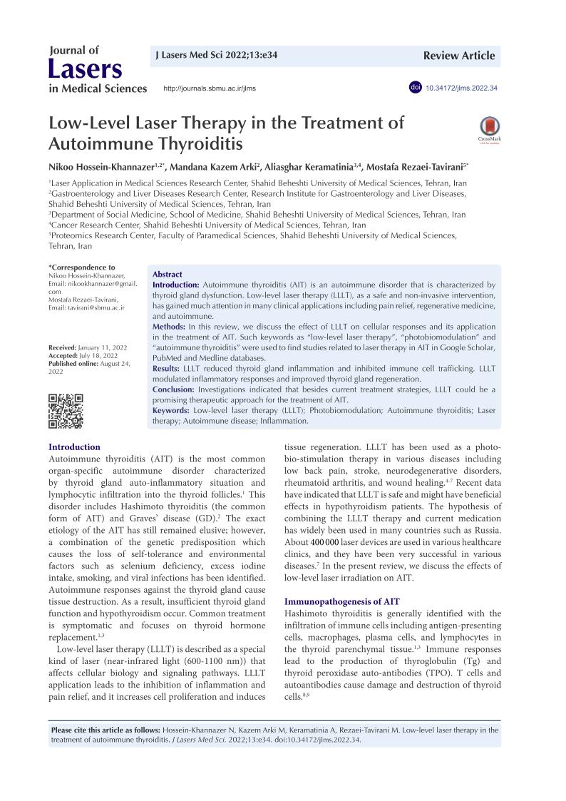 First page of the resarch paper on laser therapy